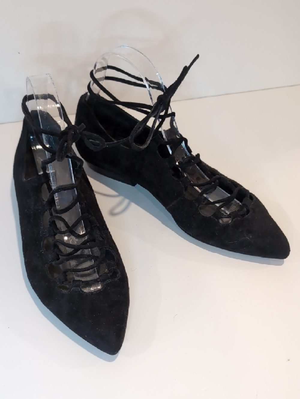 Stuart Whitman Black Suede  Lace-Up Pointed Toe Ballet Flats